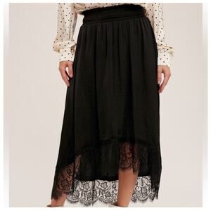 NWT! Hem & Thread Black Satin & Lace Hi-Lo Hem Lined MIDI Skirt In Various Sizes